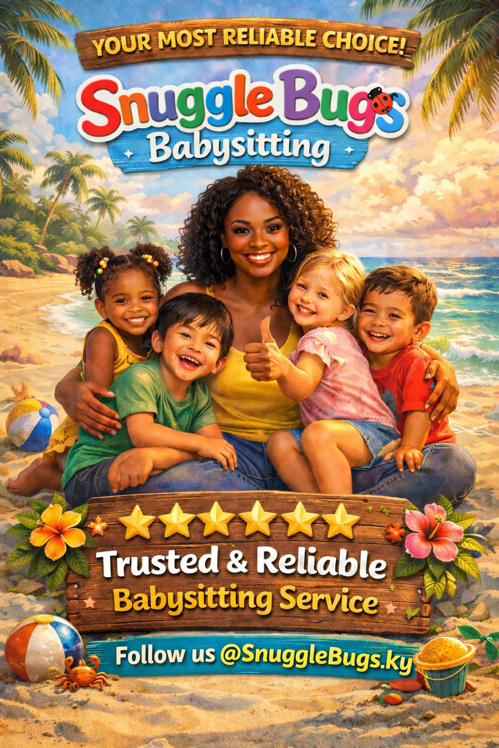 Snuggle Bugs Babysitting - Happy children with caring babysitter on a beautiful beach